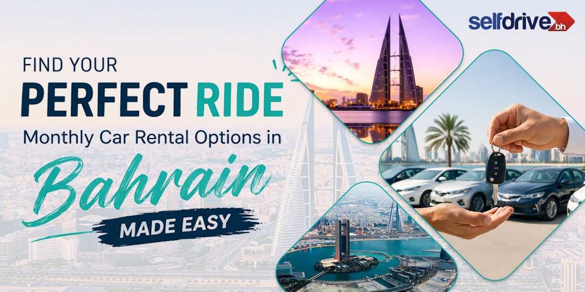 Promotional image for car rentals in Bahrain. Includes photos of cars, iconic buildings, and a hand holding car keys, with text â€œFind Your Perfect Ride.â€